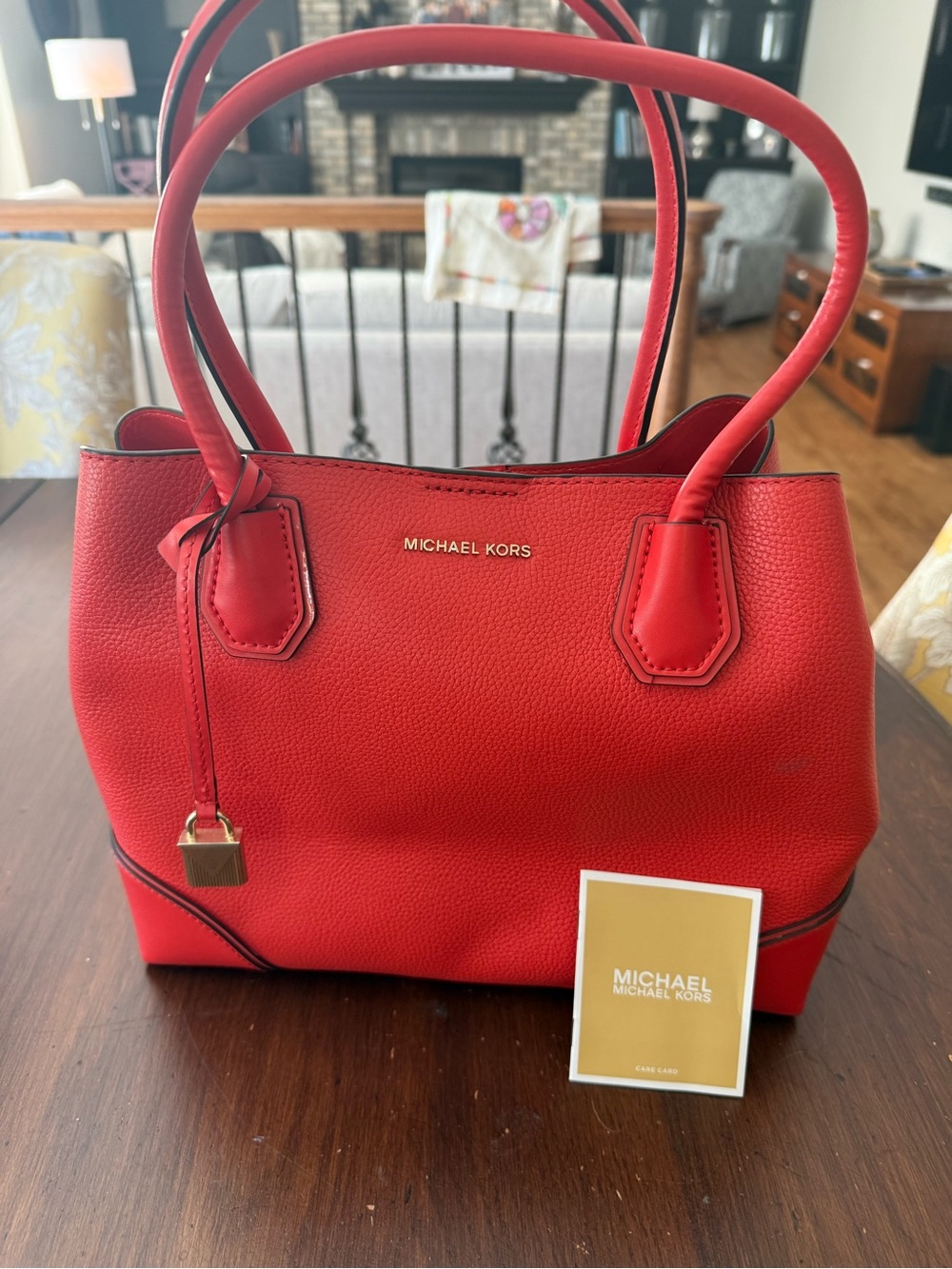 Michael Kors Orange/Red Pebbled Leather Tote with Gold Accent. Used one time